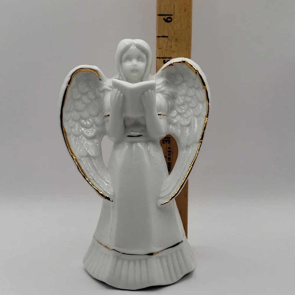 Angel Holding A Book or Hymnal Statue Figurine White Porcelain with Gold Trim